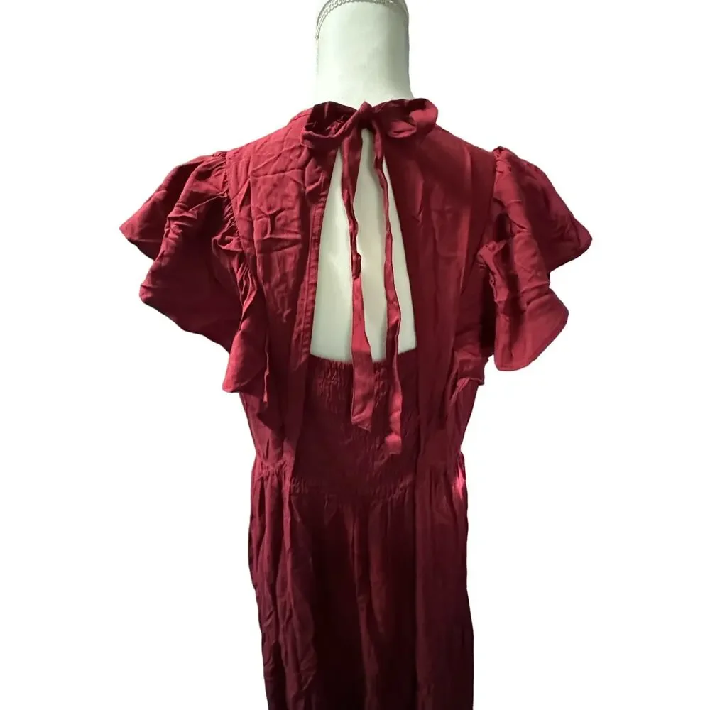 Shirt Ruffled Sleeve Romantic Maxi Burgundy Dress Ruched  Chest and Open Back - Picture 2 of 7